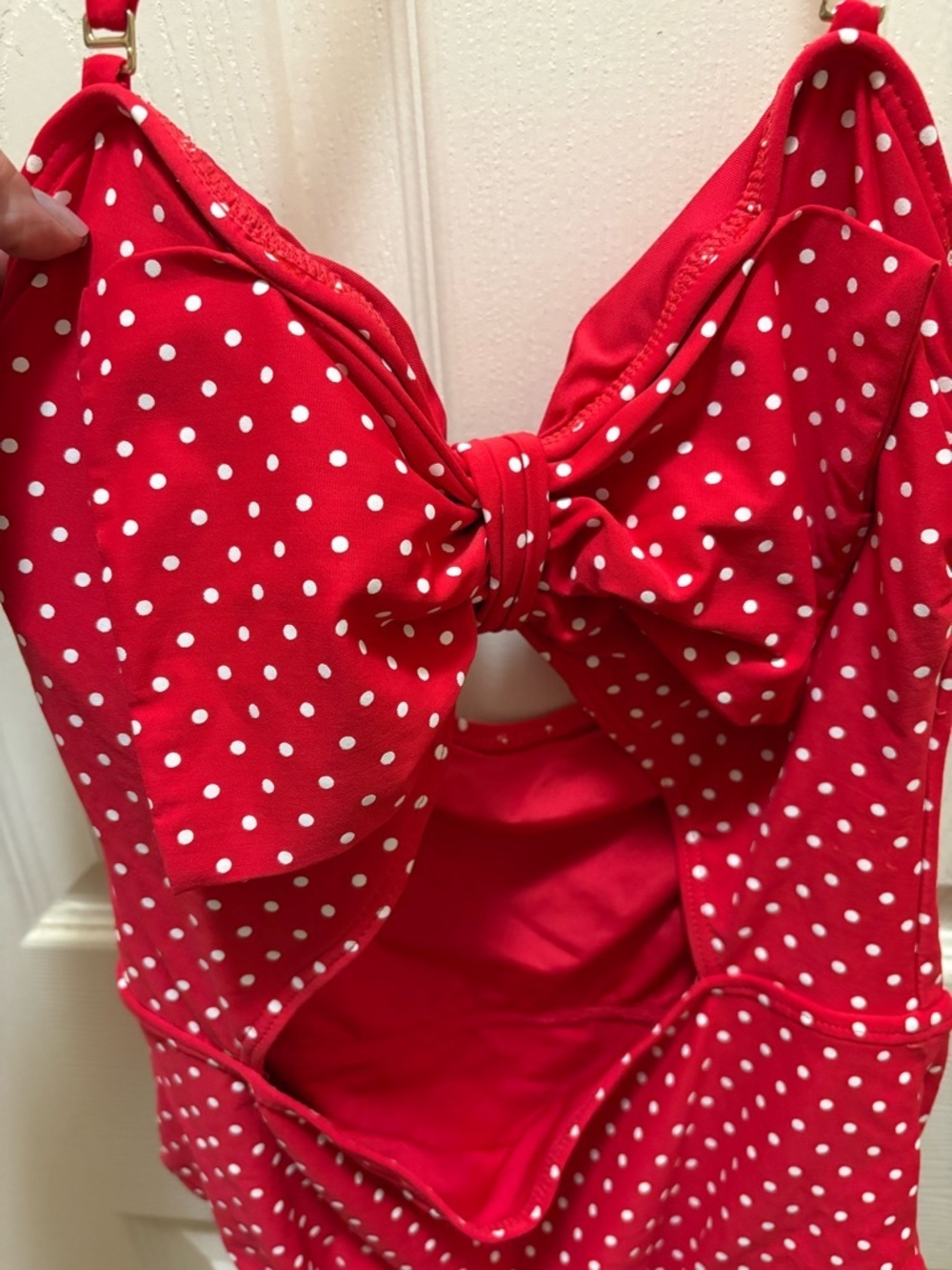 Betsey Johnson Red Polka Dot One Piece Swimsuit Size M Retro Pin Up Bow Cutout - Picture 2 of 11